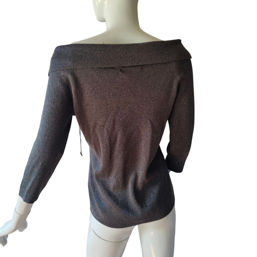 Joseph A Vintage 90s Silk Metallic Off Shoulder Sweater Silver Bow Glam Large - Picture 2 of 6